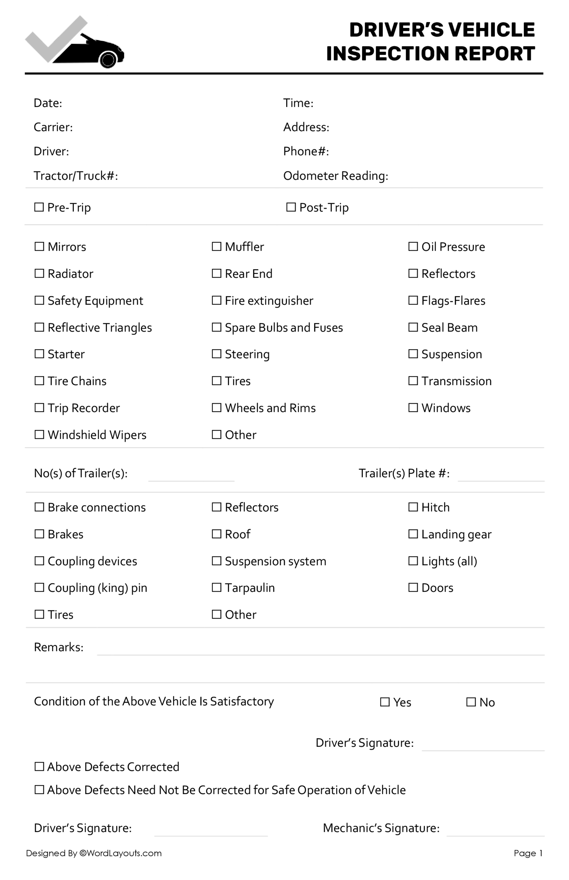 Driver's Vehicle Inspection Report Template Printable Driver's Vehicle Inspection Report Template Printable