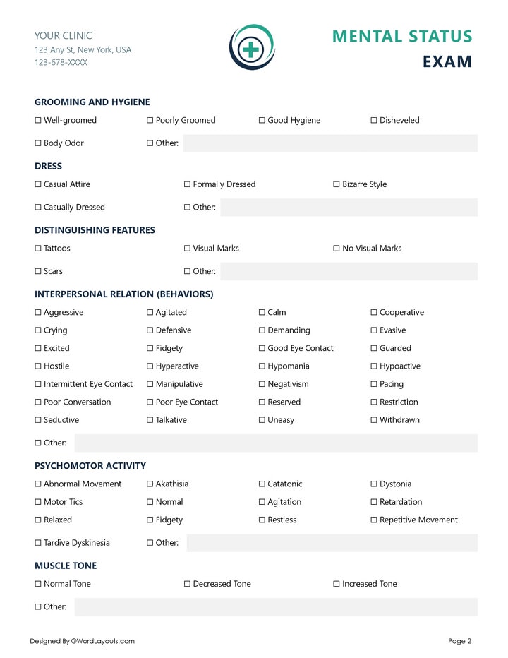 Mental Status Exam (MSE) Template - Word, PDF, GDocs