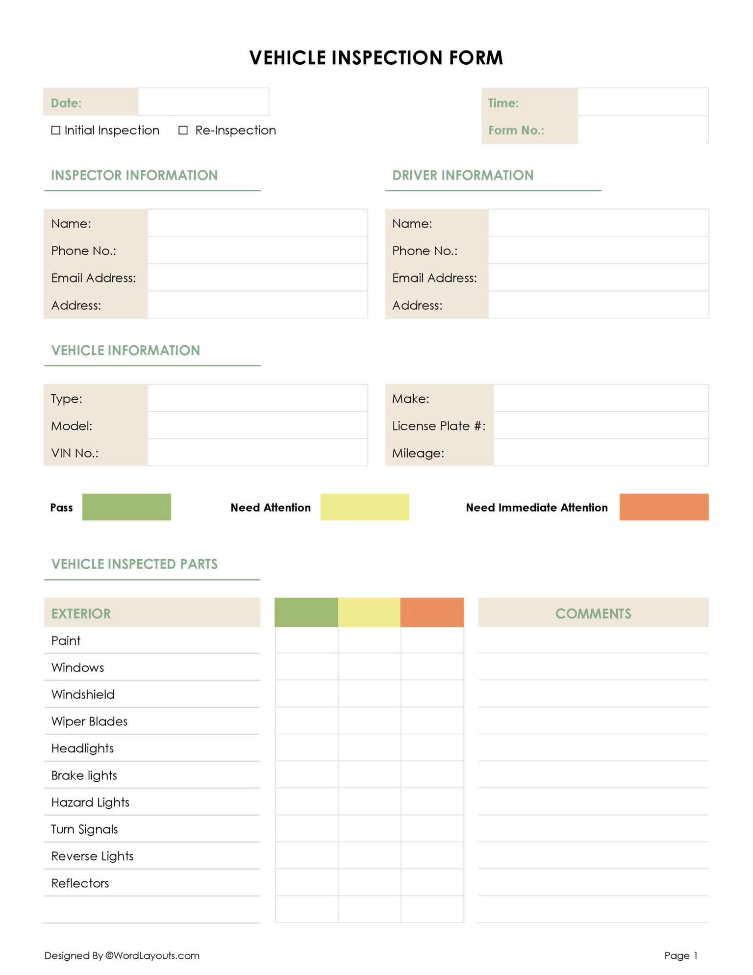 Free Vehicle Inspection Form Template - WordLayouts