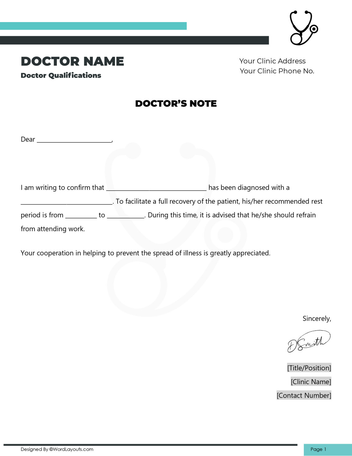 Doctor Note for Work Excuse Template - WordLayouts