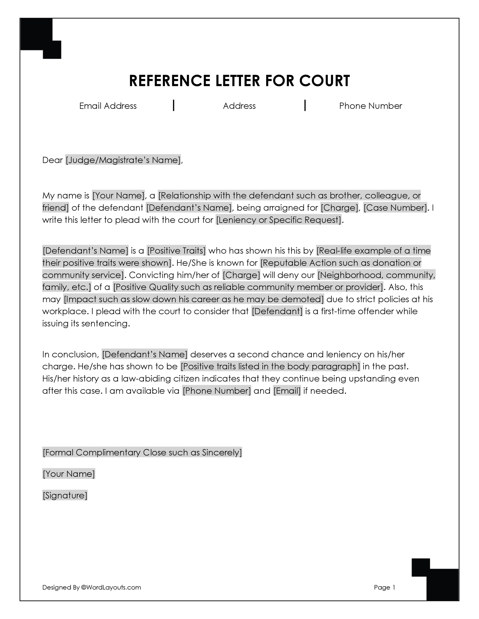 Character Letter for Court (Template) - WordLayouts