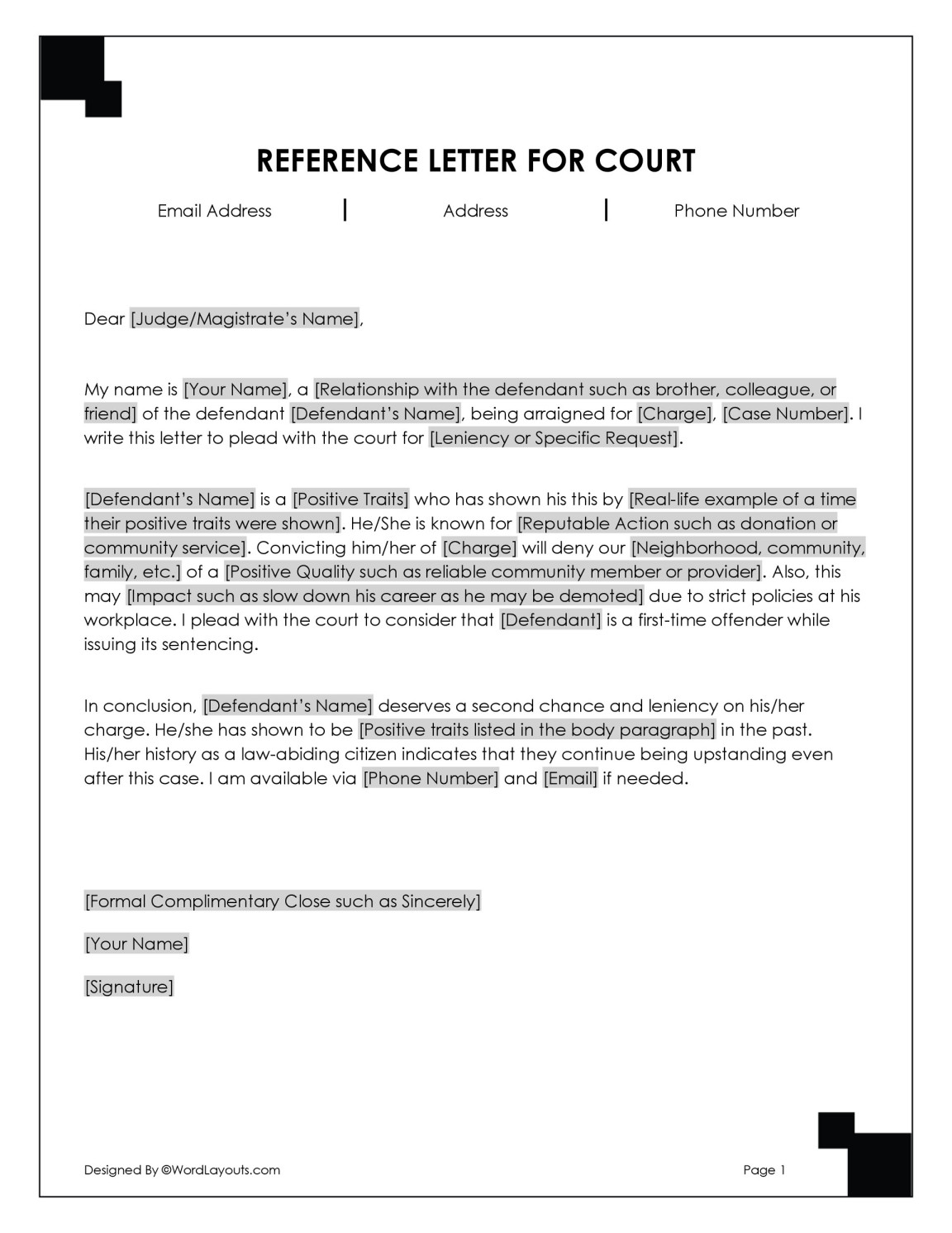Character Letter for Court (Template) WordLayouts Character Letter for Court (Template) WordLayouts