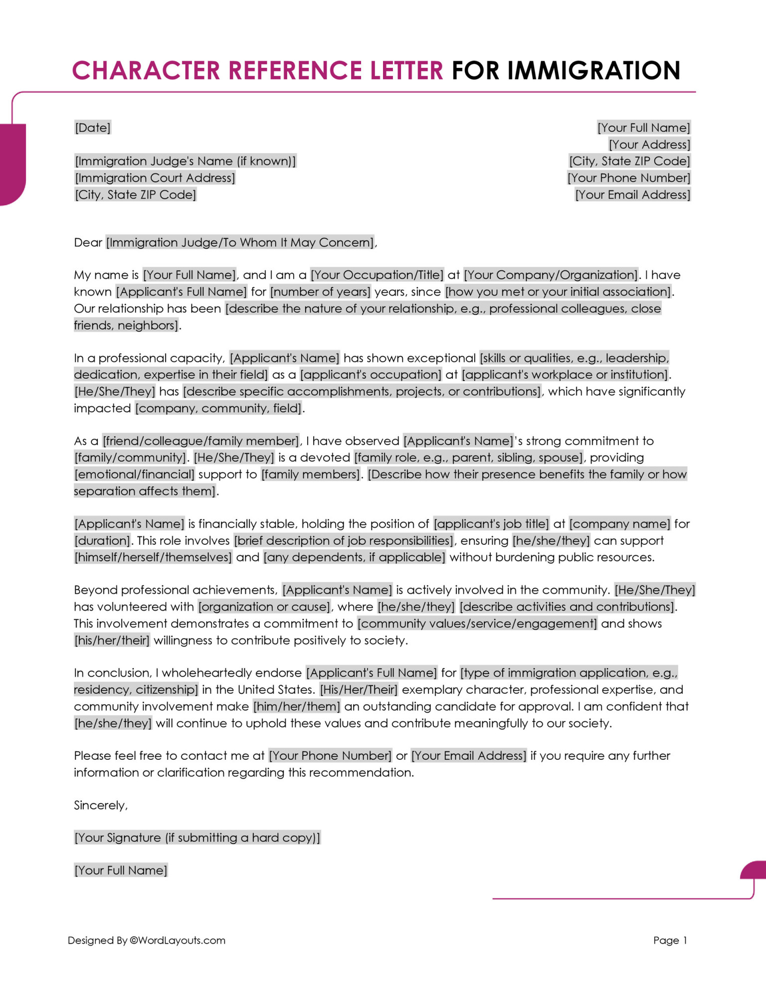 Character Reference Letter for Immigration Template Character Reference Letter for Immigration Template