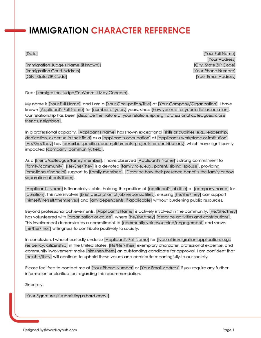character reference letter for immigration template