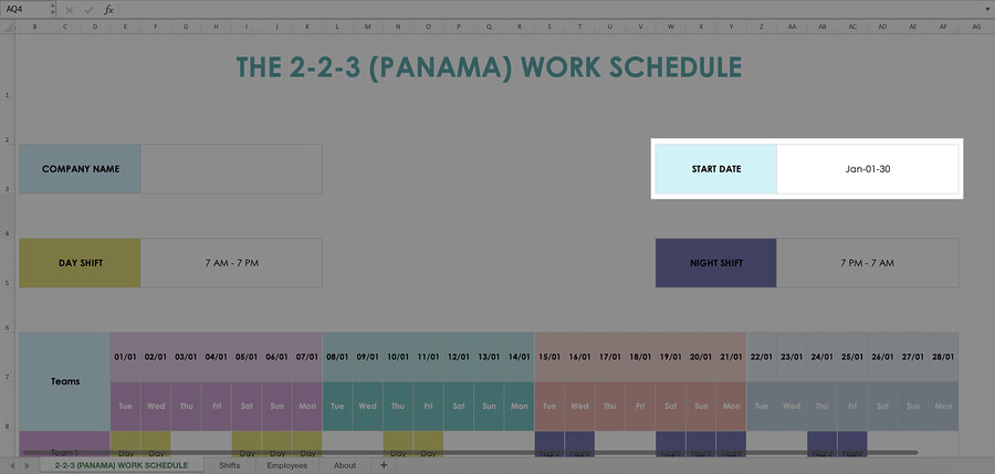 2 2 3 (PANAMA) Shift Schedule Template Excel GSheets 2 2 3 (PANAMA) Shift Schedule Template Excel GSheets