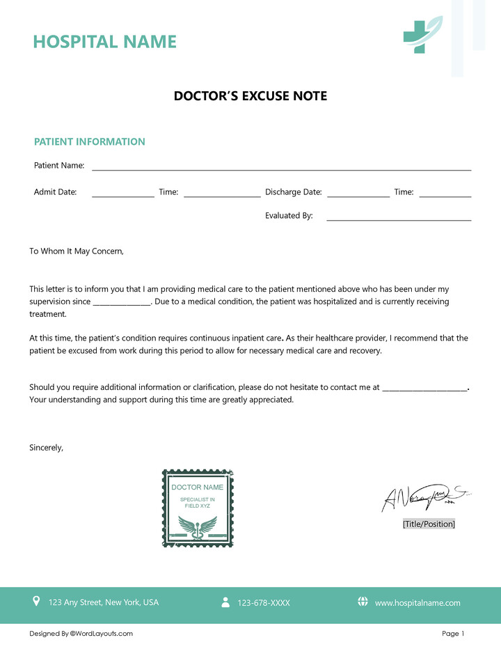Doctor's Note for Chronic Condition Template - WordLayouts