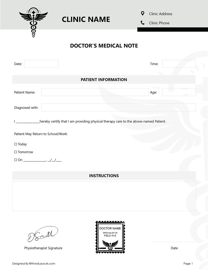 Doctor Excuse Note for Remote Work Template - WordLayouts