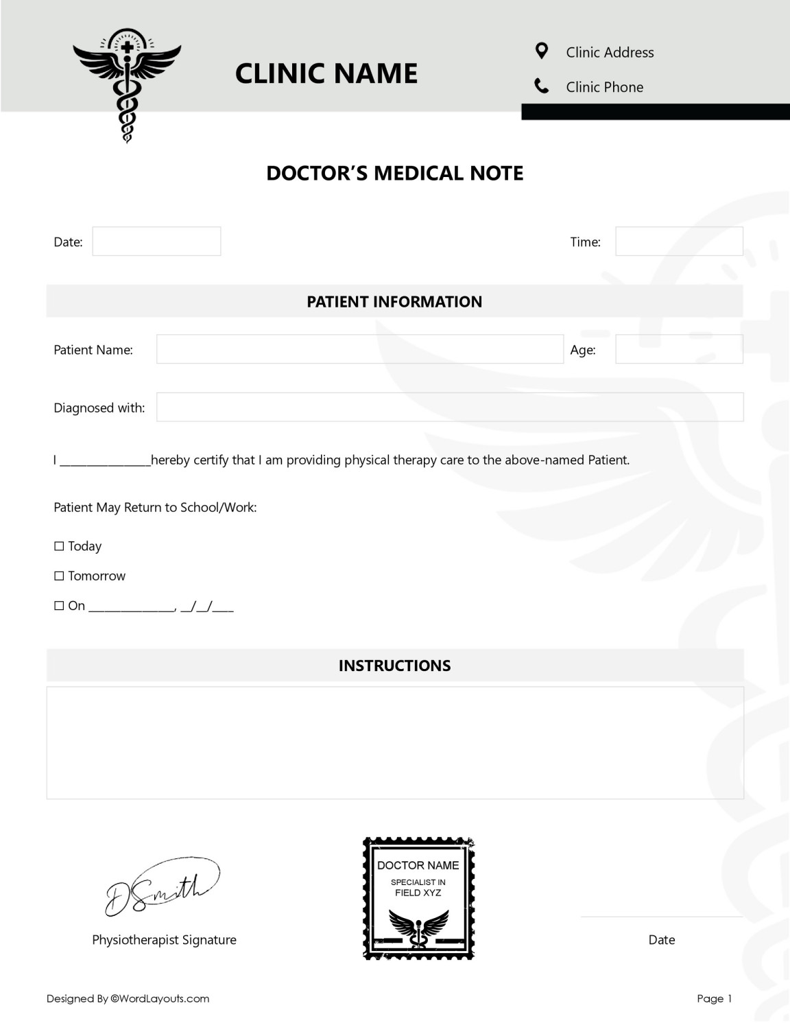 Doctor Excuse Note for Remote Work Template - WordLayouts