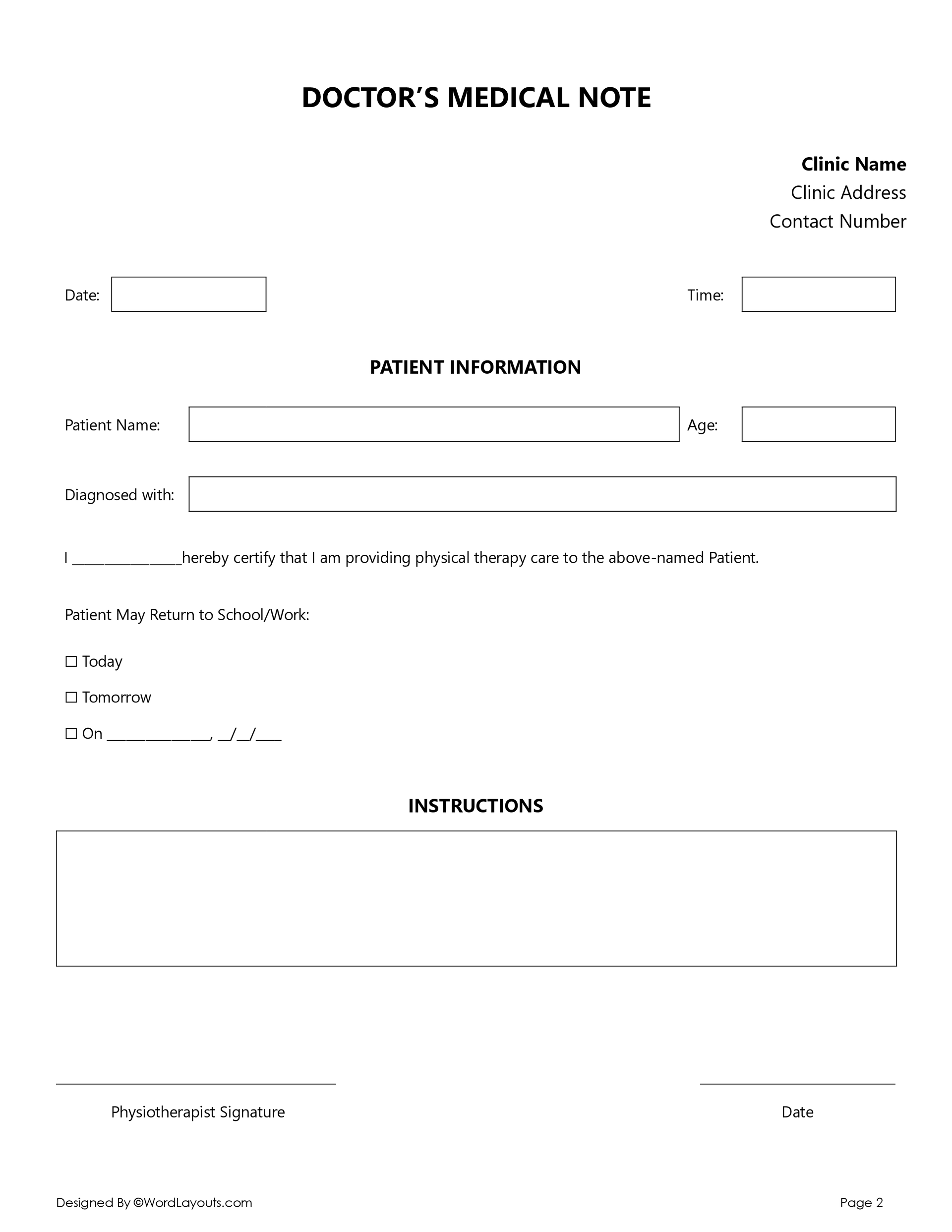 Formal Physical Therapy Excuse Note Template WordLayouts Formal Physical Therapy Excuse Note Template WordLayouts