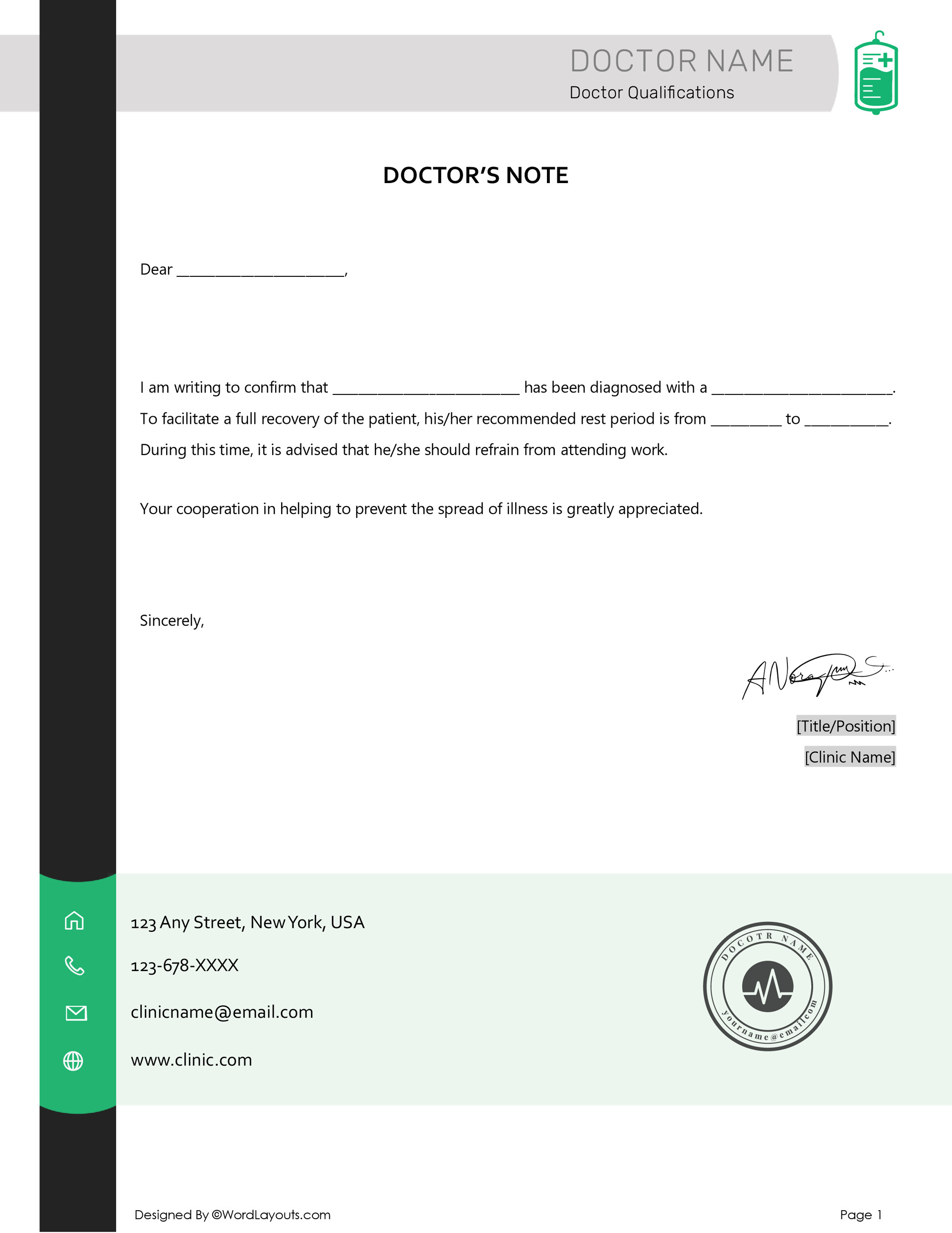 Doctor Note for Work Excuse Template - WordLayouts