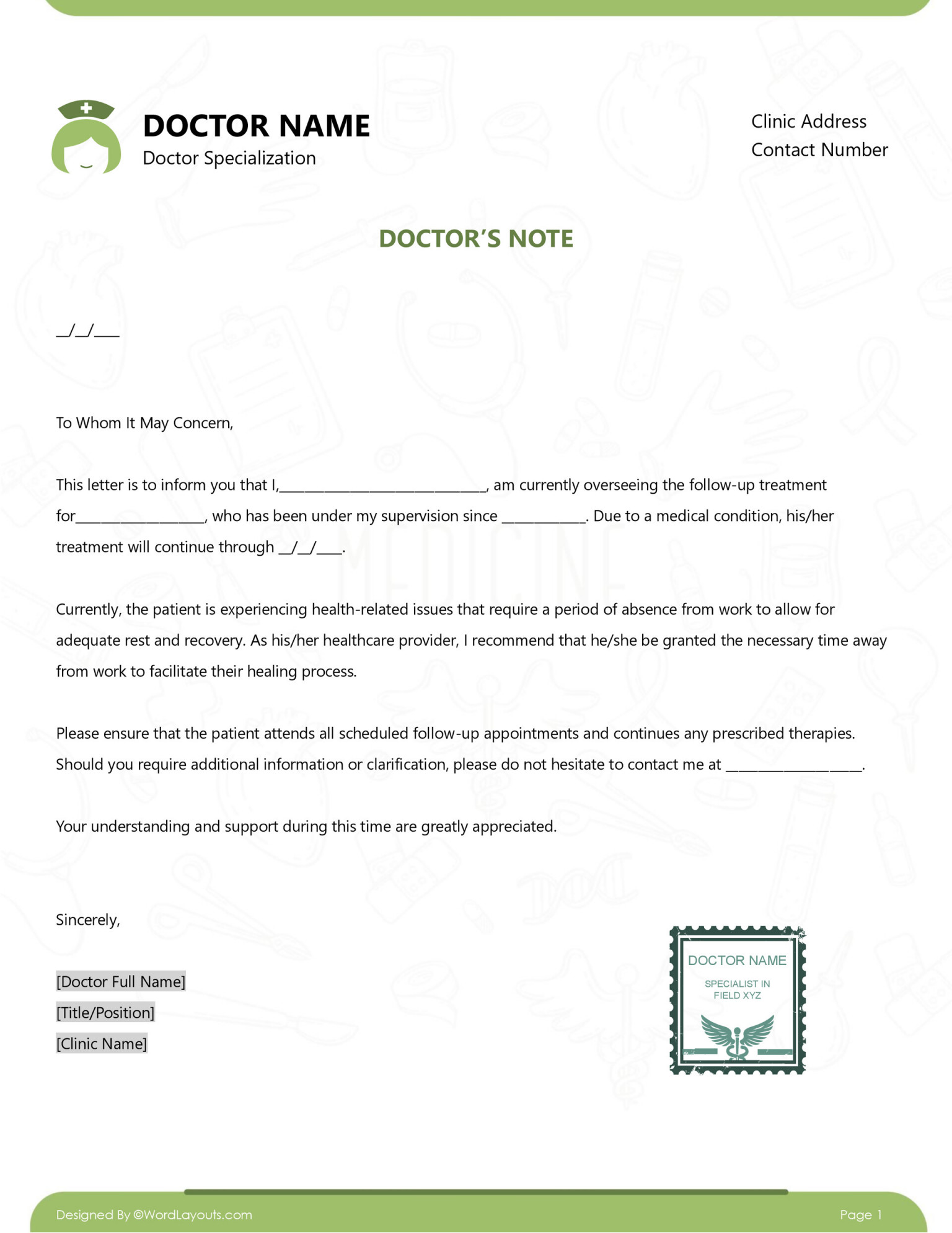 Doctor Note for Work Excuse Template - WordLayouts