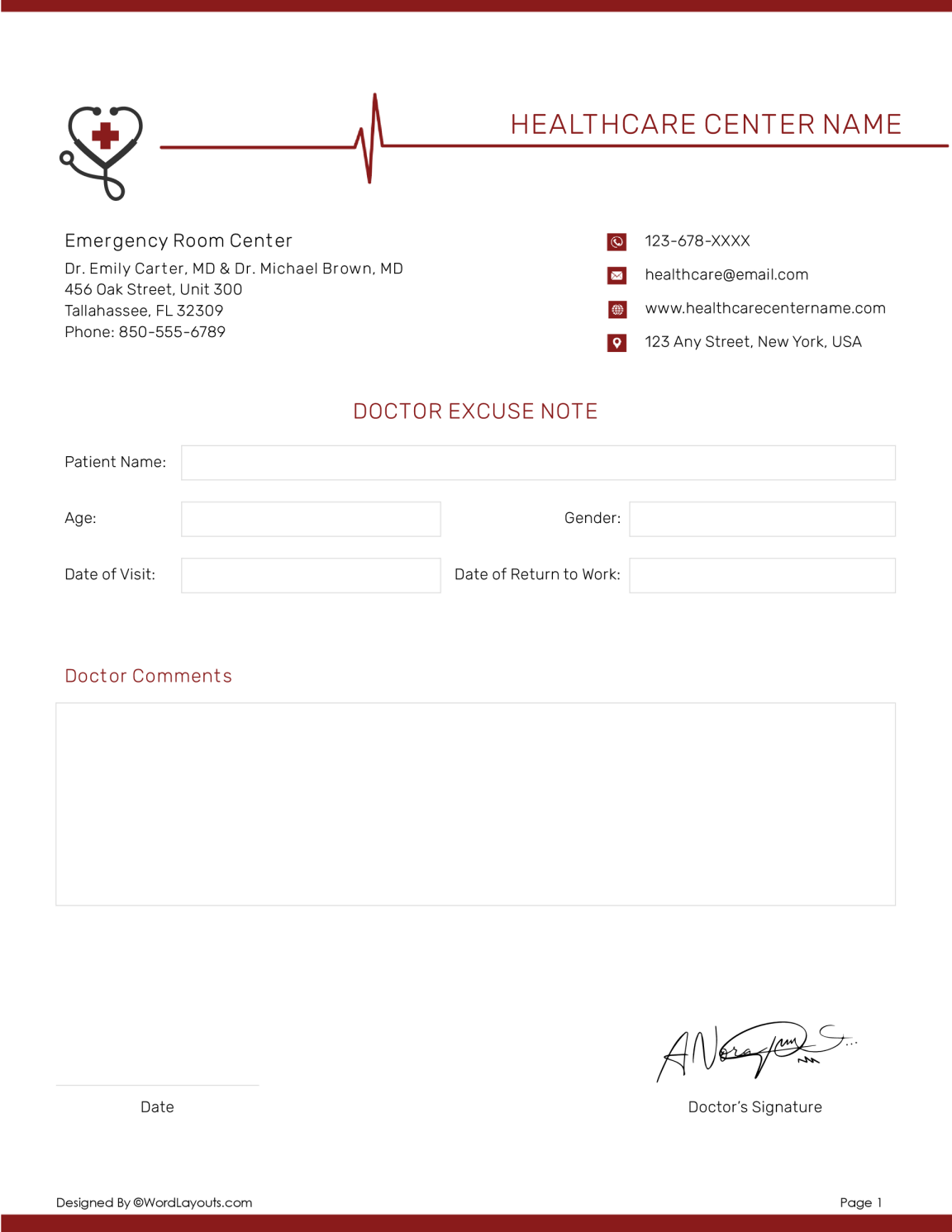 Doctor Note for Work Excuse Template - WordLayouts