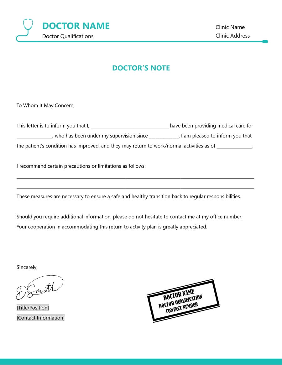 Doctor Note for Work Excuse Template WordLayouts