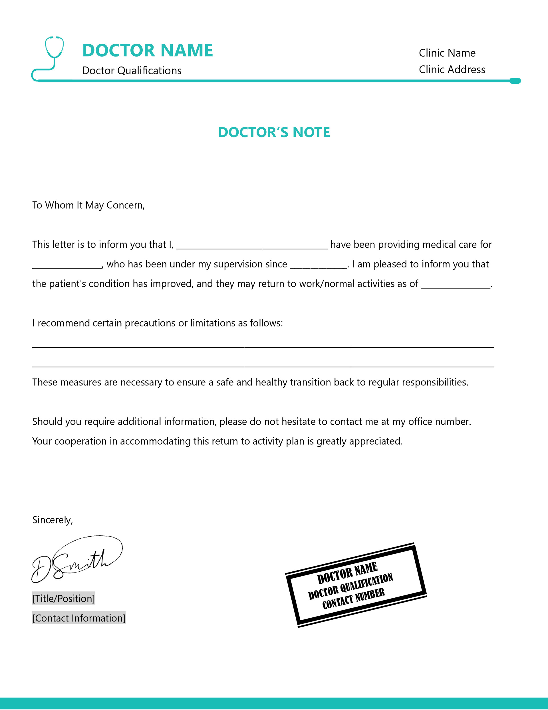 Return to Activity Doctor’s Note Template - WordLayouts