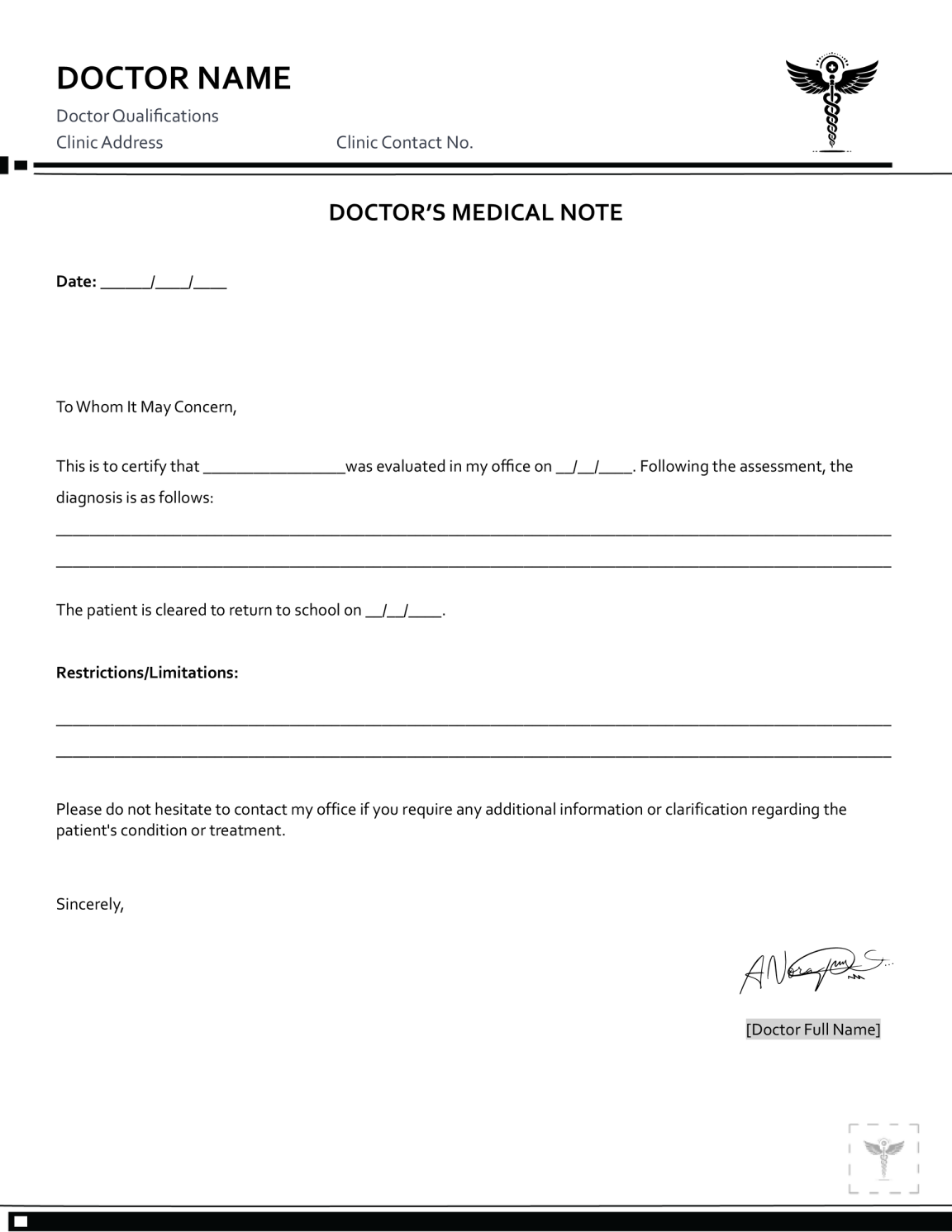 Doctor Note for Work Excuse Template - WordLayouts