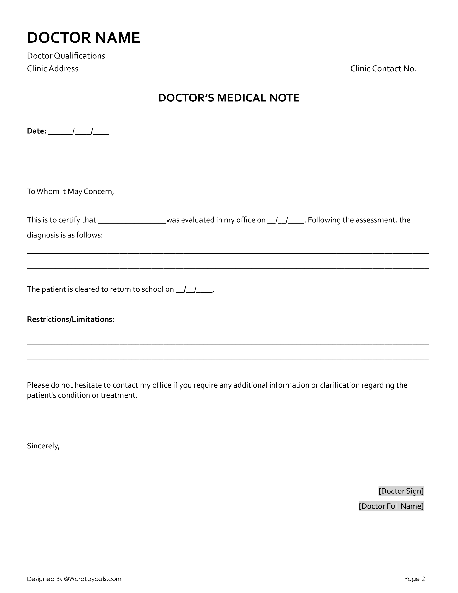 Doctor's Medical Note Template for School - WordLayouts
