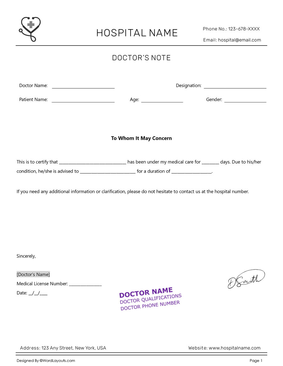 Doctor Note for Work Excuse Template - WordLayouts