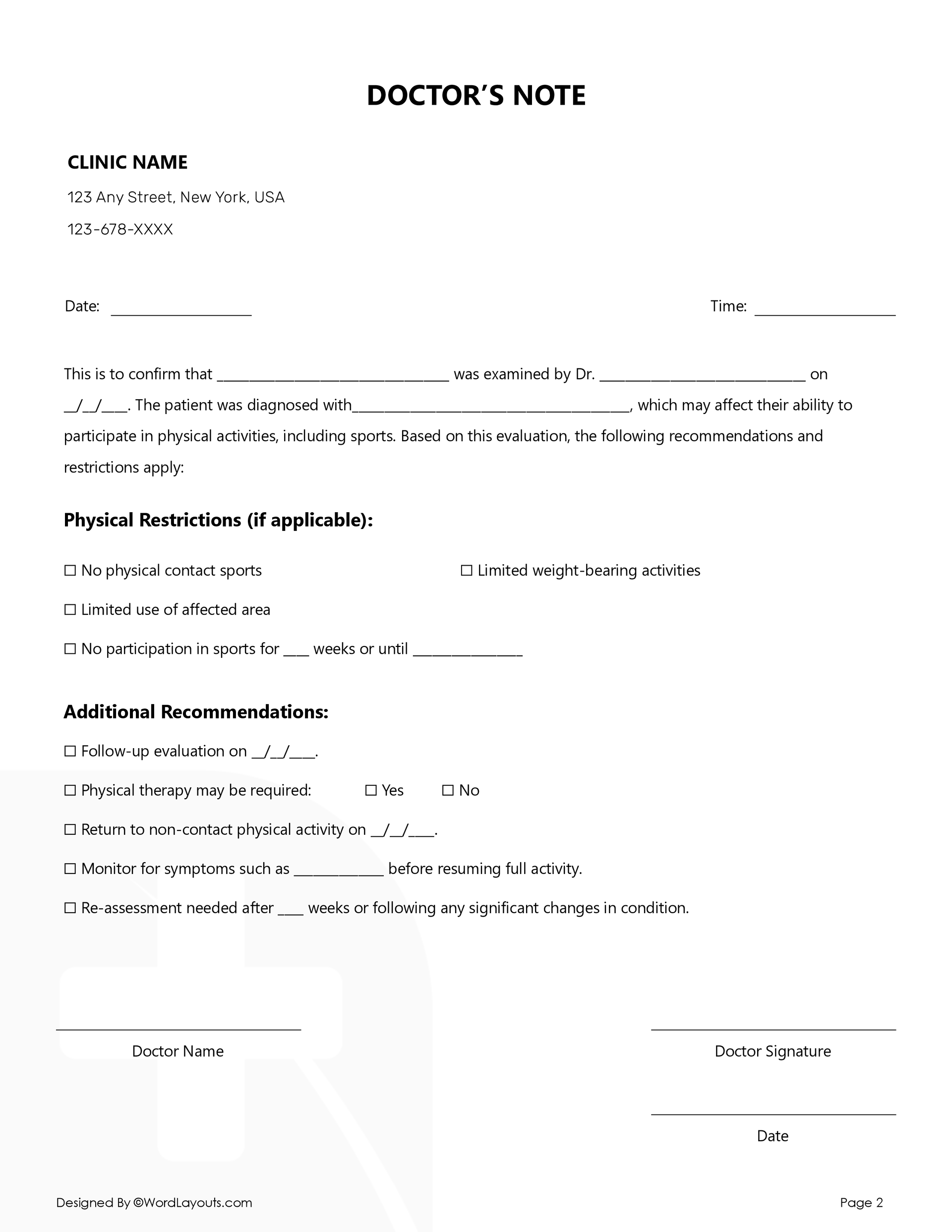 Sports Injury Doctor's Note Template - WordLayouts