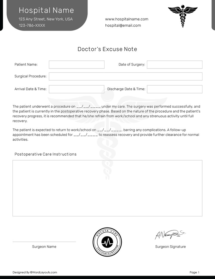 Doctor Note for Work Excuse Template - WordLayouts