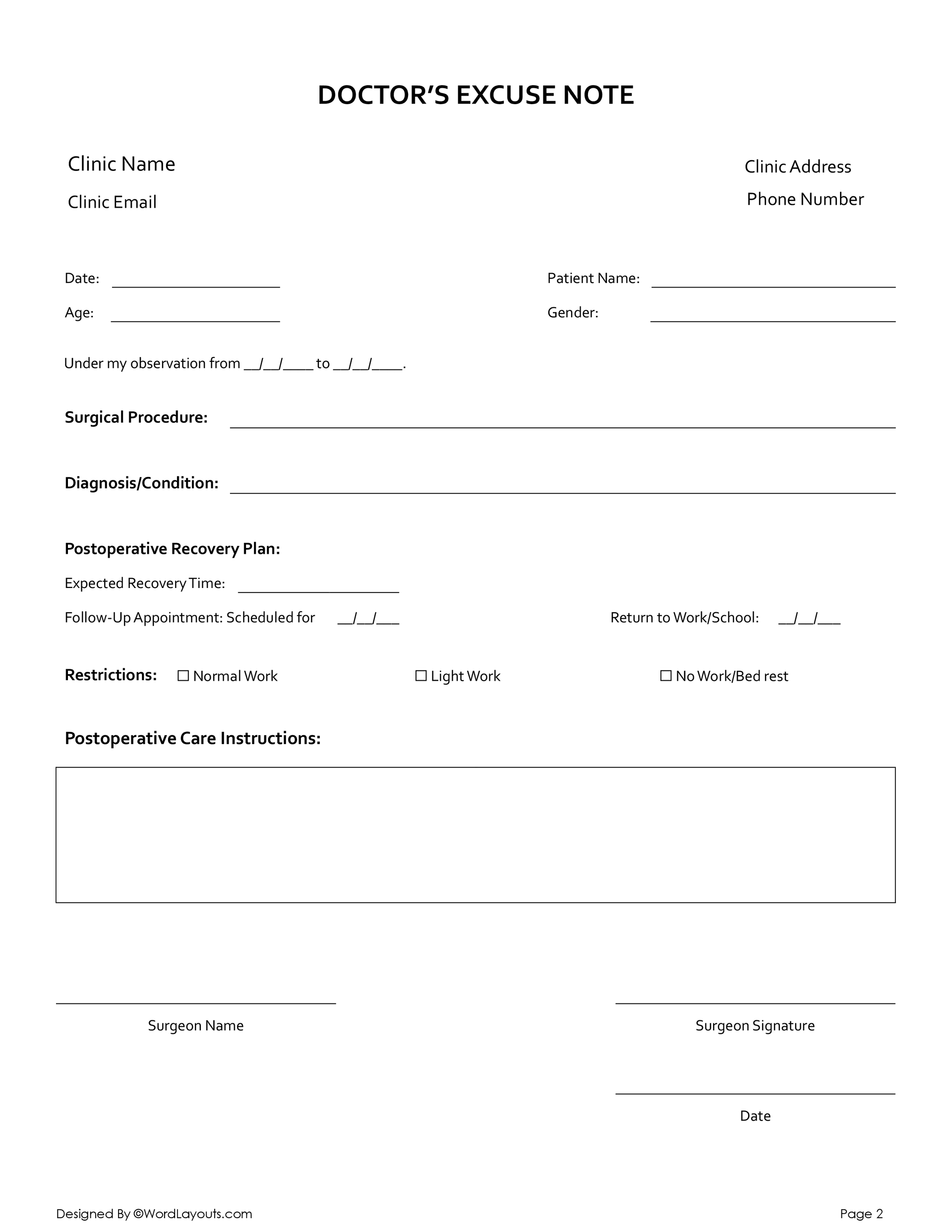 Doctor's Excuse Note for Surgery Template - WordLayouts