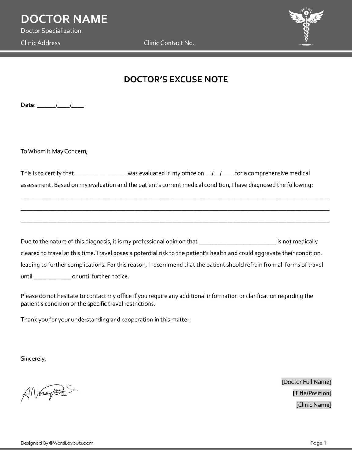 Doctor's Excuse Note for On-Site Work Template - WordLayouts
