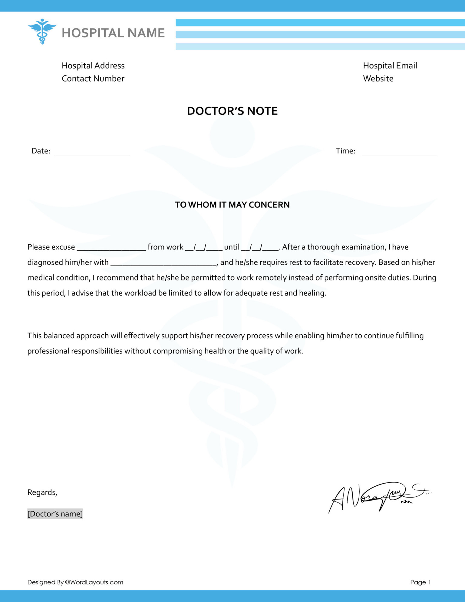 Doctor's Note Template with Restrictions - WordLayouts