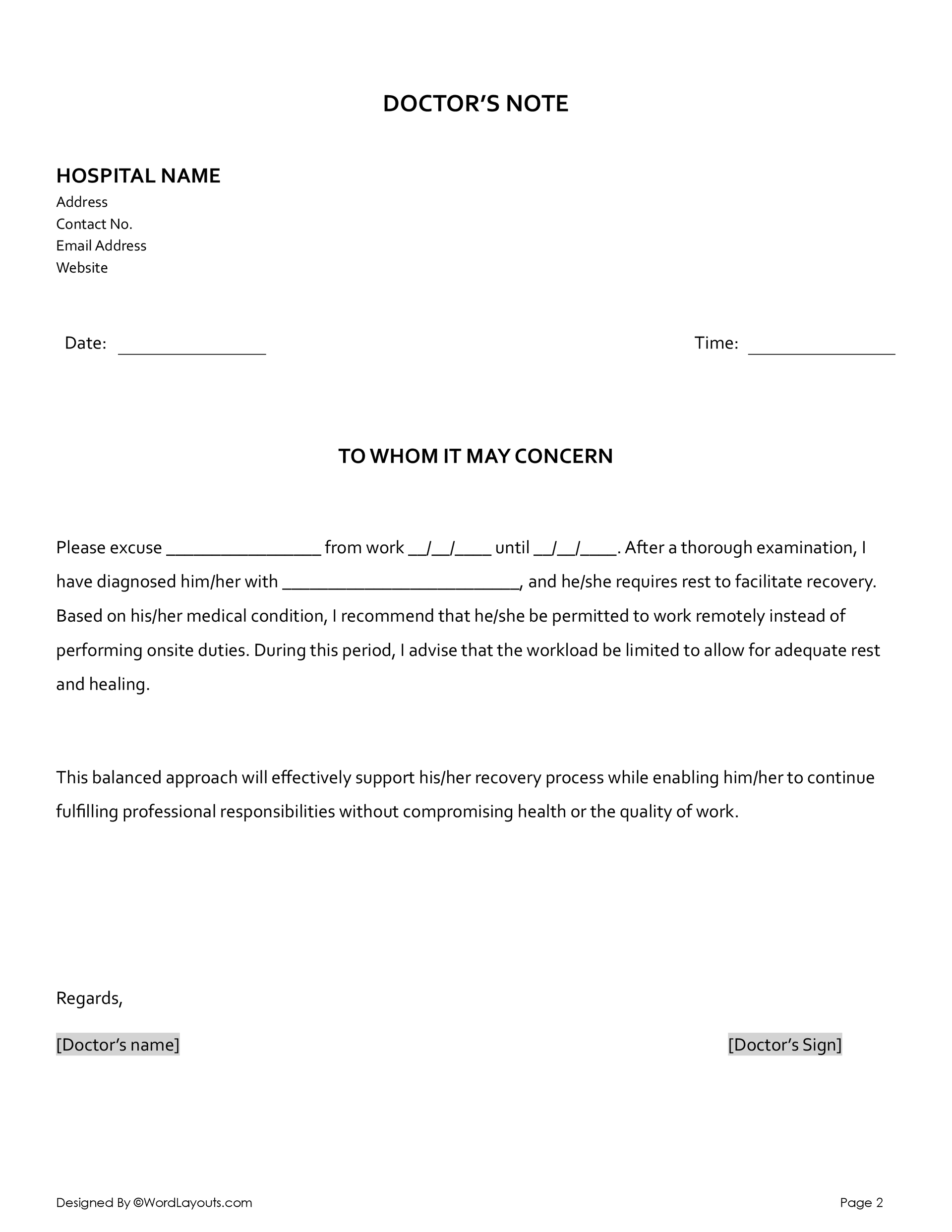 Doctor Note for Work Excuse Template - WordLayouts
