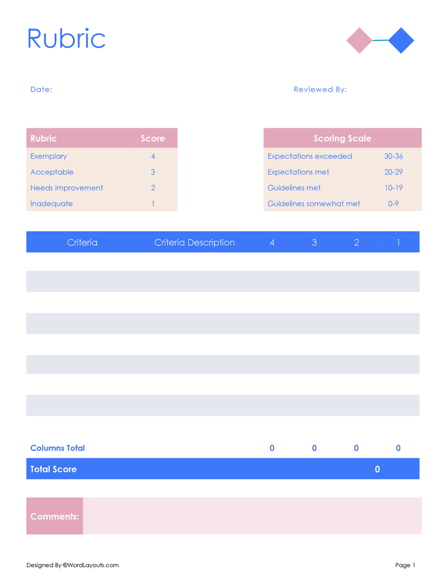 Color-Coded Assessment Rubric Template - WordLayouts
