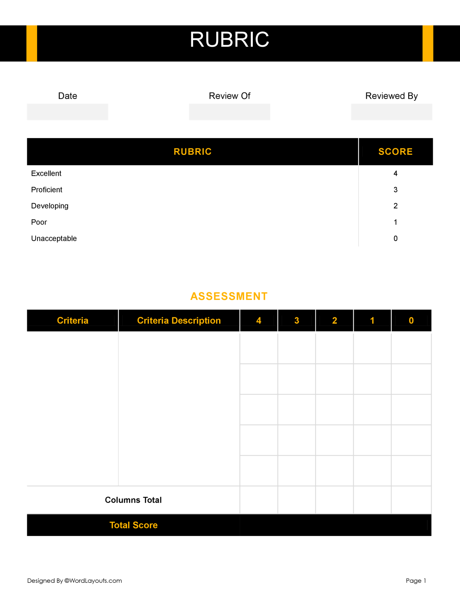Color-Coded Assessment Rubric Template - WordLayouts