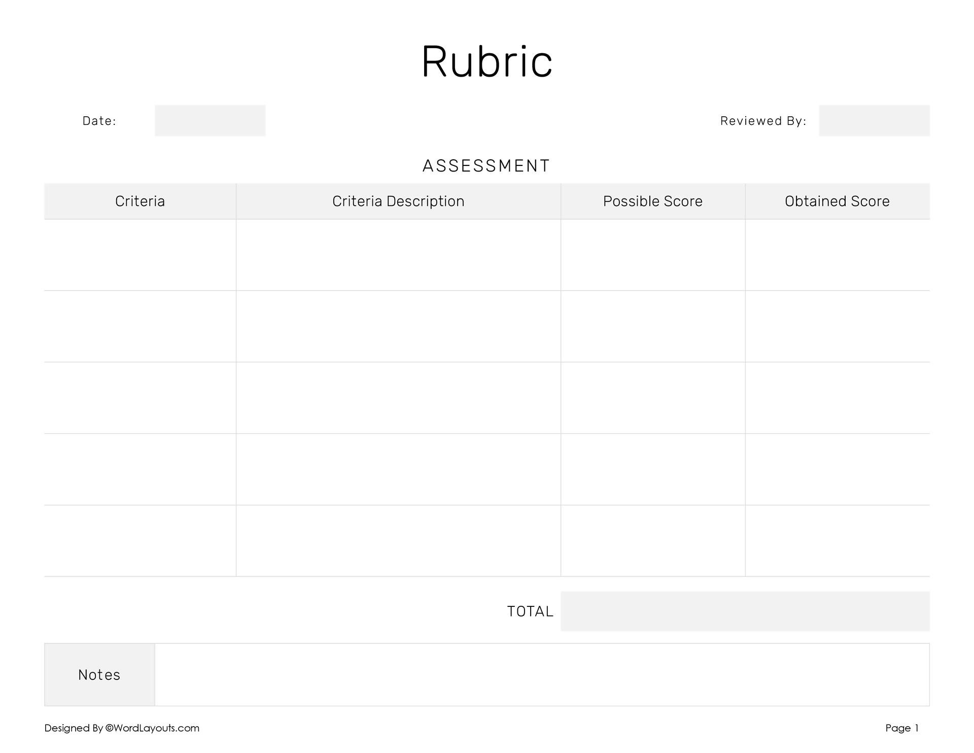 Color-Coded Assessment Rubric Template - WordLayouts