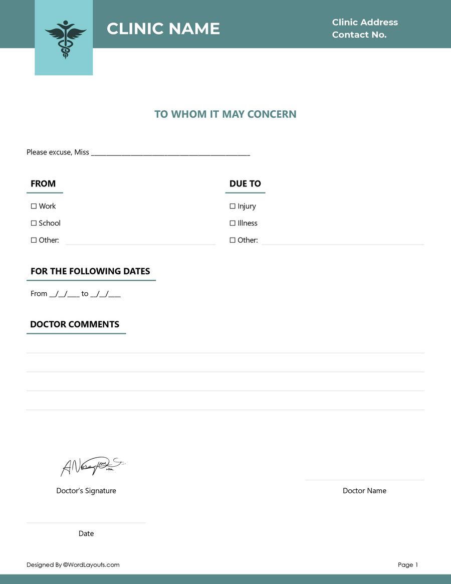 Doctor Note for Work Excuse Template - WordLayouts