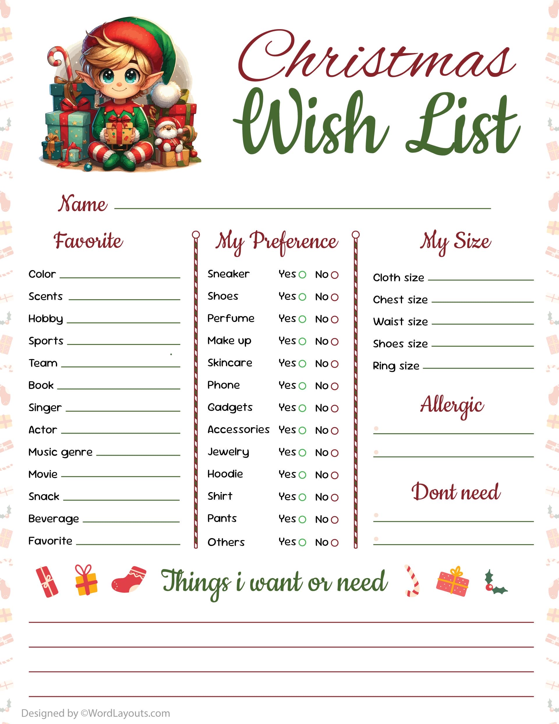 free printable christmas wish list templates
