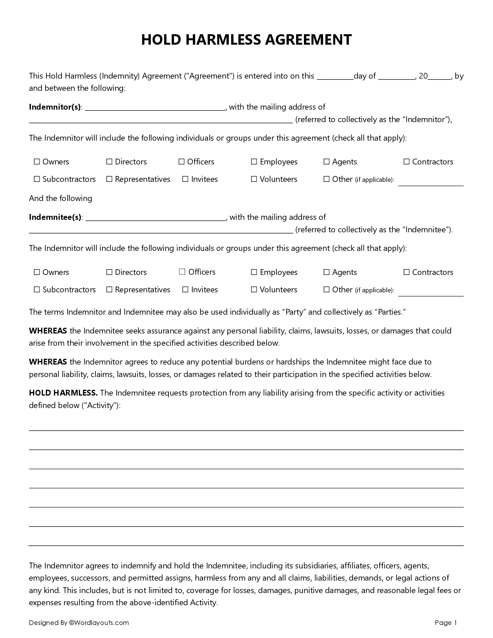 Free Printable Hold Harmless Agreement Free Printable Hold Harmless Agreement