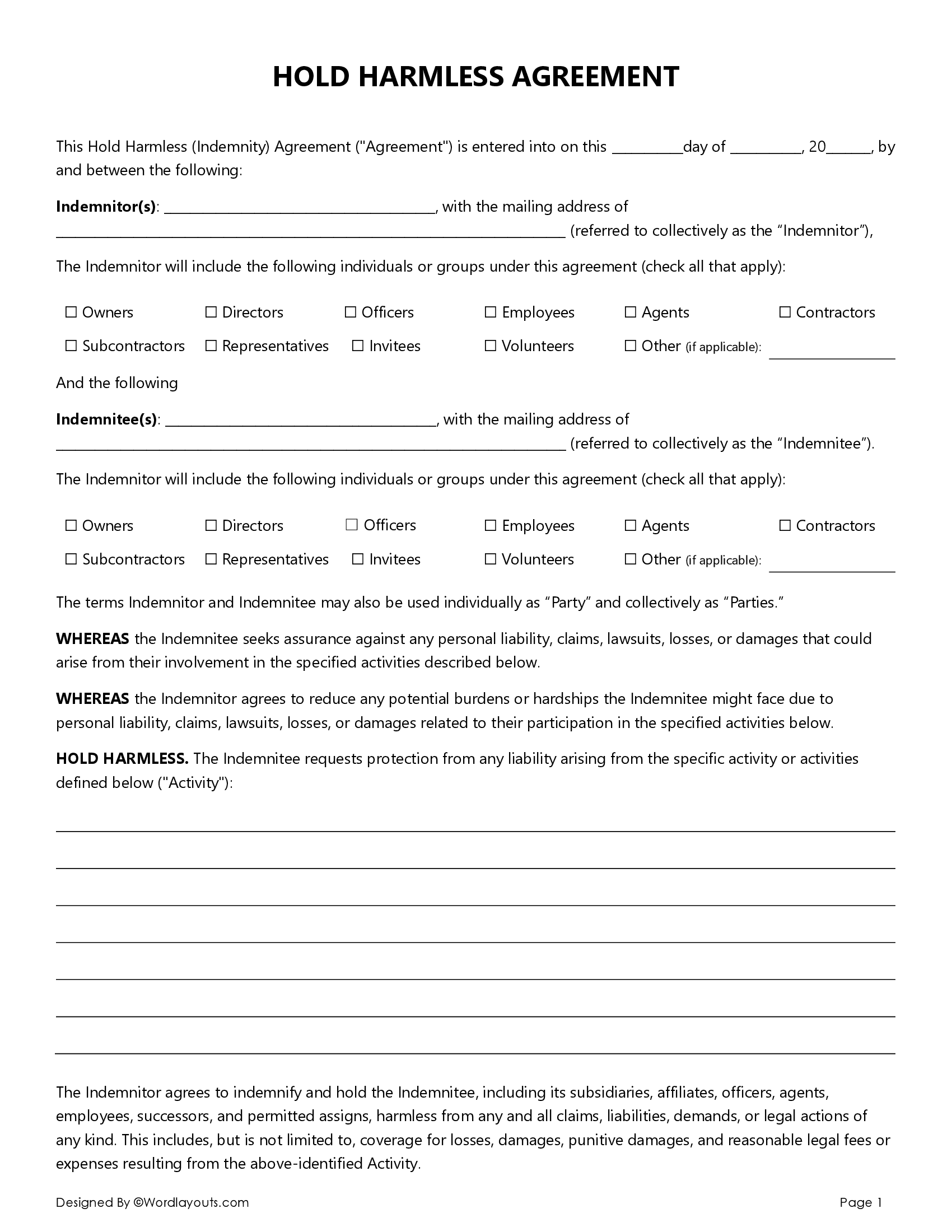 Free Hold Harmless Agreement - Word & Google Docs