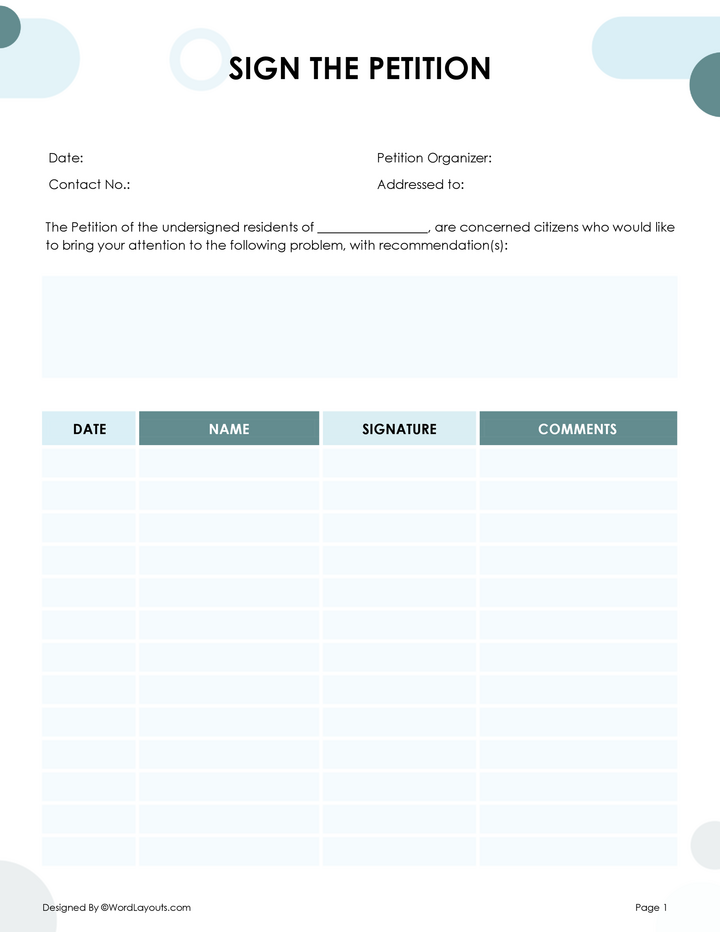 Petition Template for Signatures - WordLayouts