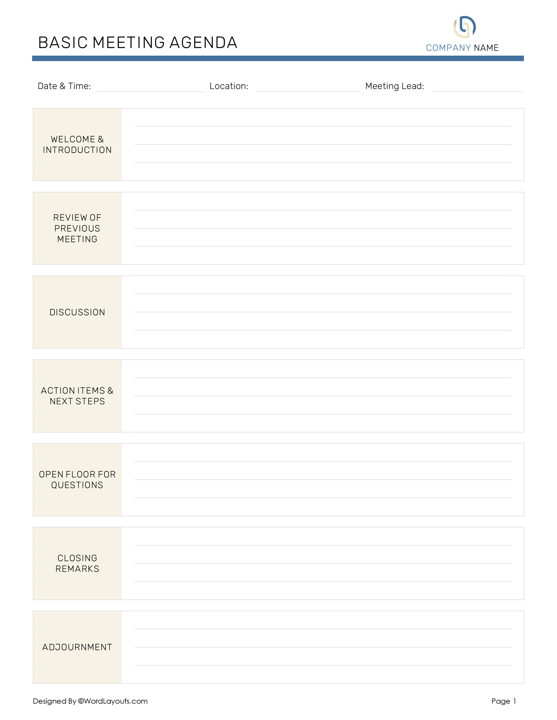 Professional Basic Meeting Layout Template - WordLayouts
