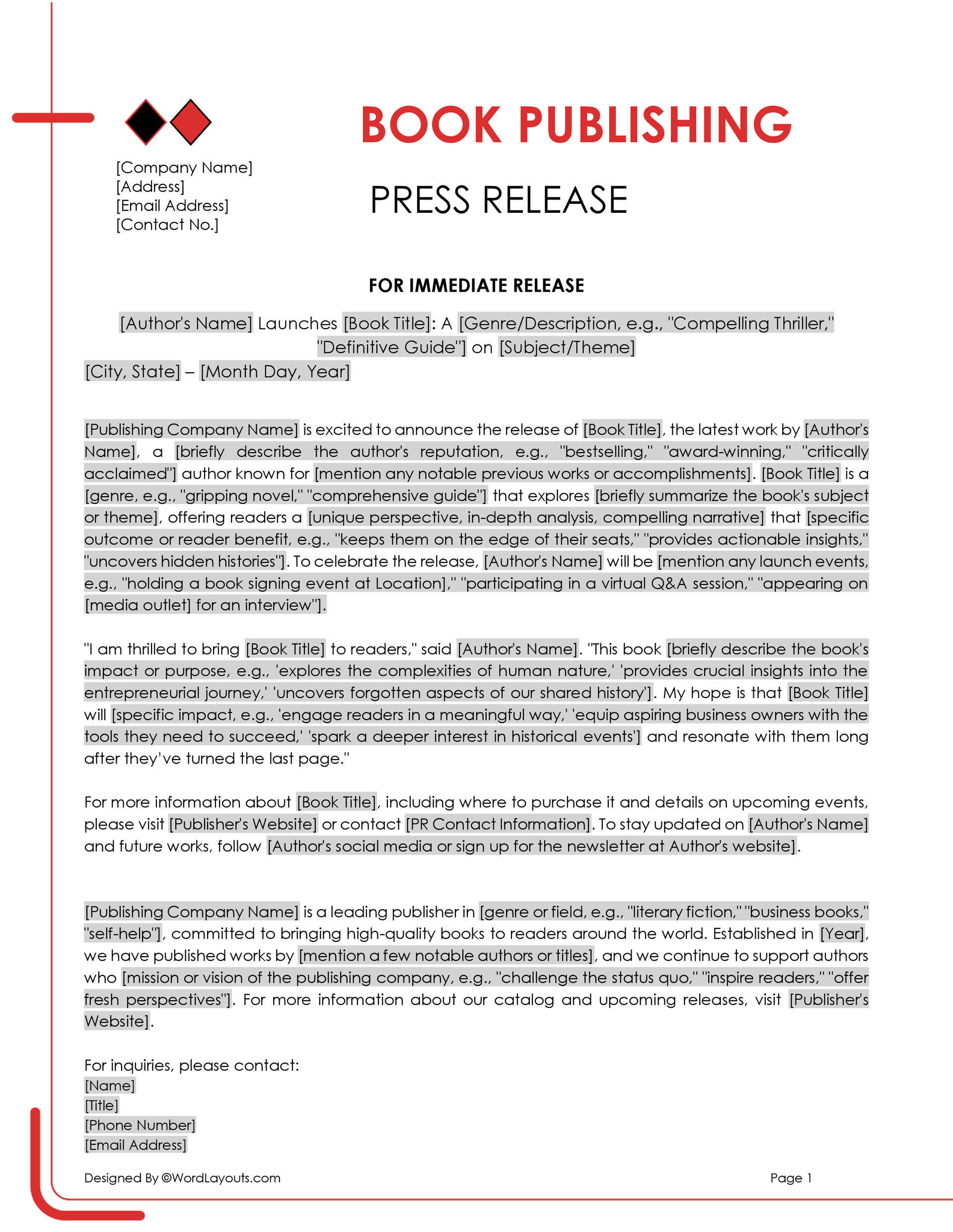 Book Publishing Press Release Template - WordLayouts