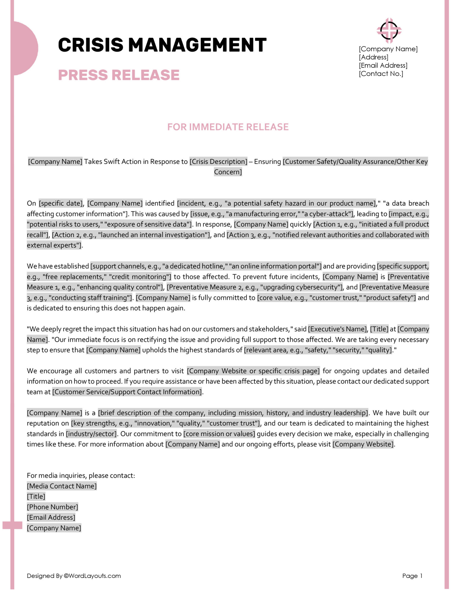 Award Announcement Press Release Template - WordLayouts
