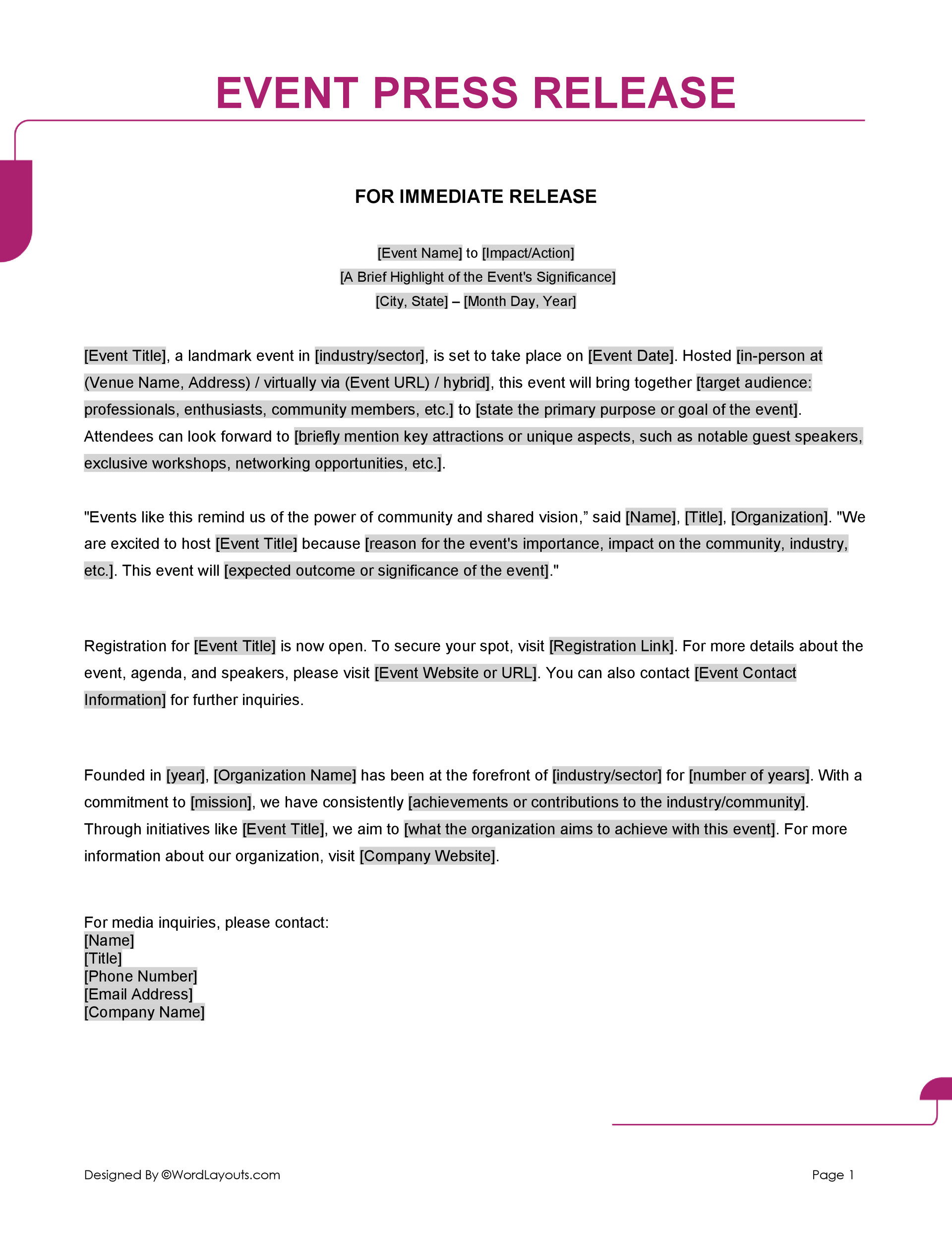 Award Announcement Press Release Template - WordLayouts