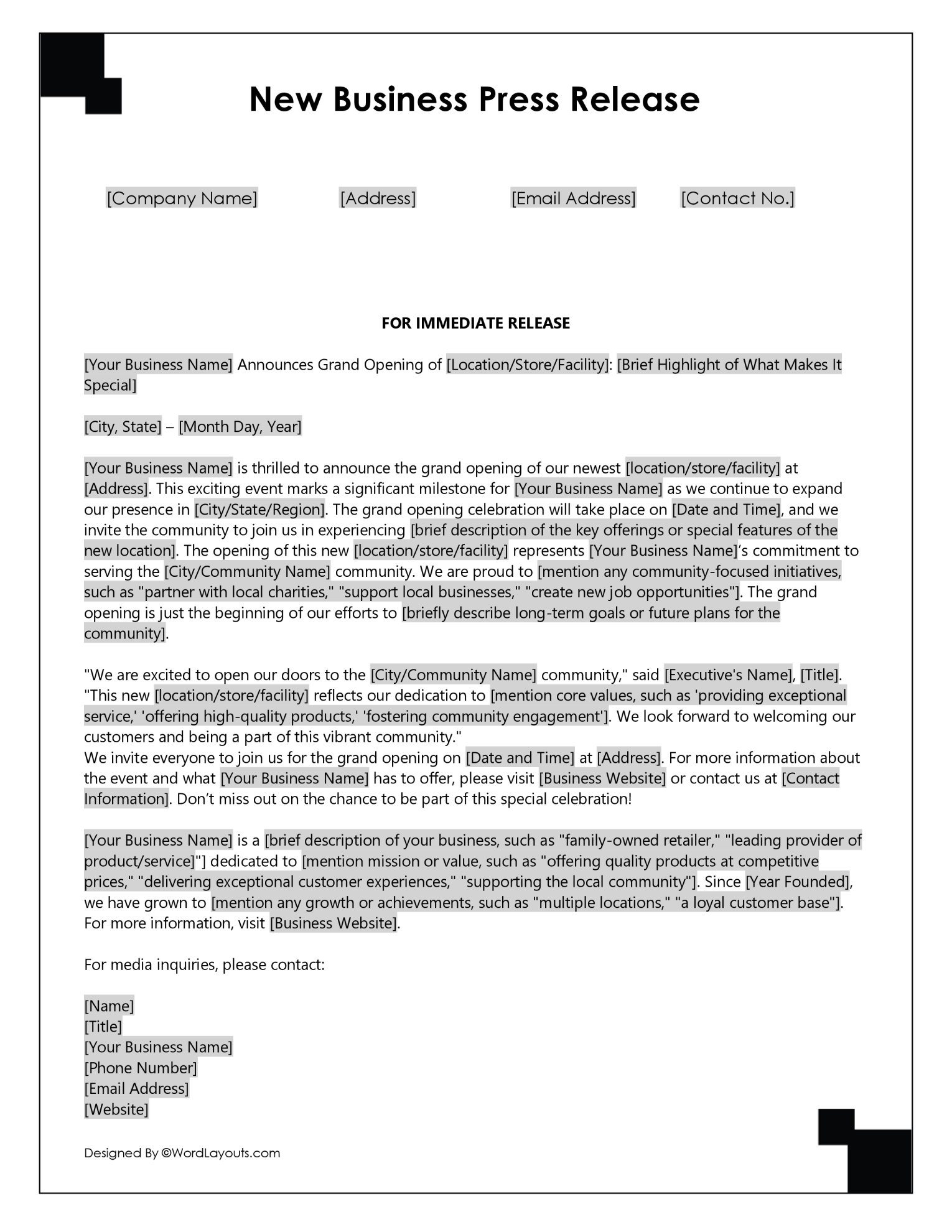 Award Announcement Press Release Template - WordLayouts