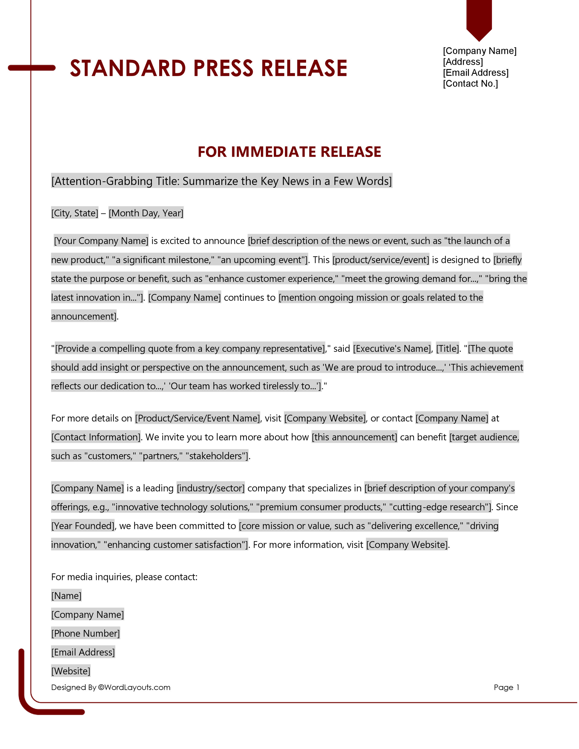 Standard Press Release Template WordLayouts Standard Press Release Template WordLayouts