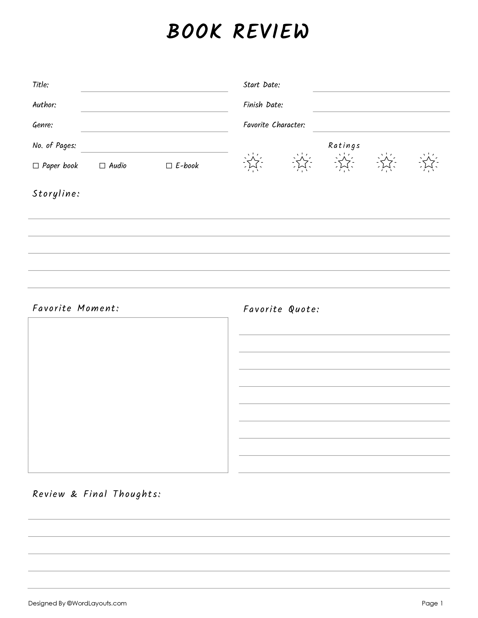 Book Reflection Star Rating Template WordLayouts free-book-review-templates-editable-and-printable