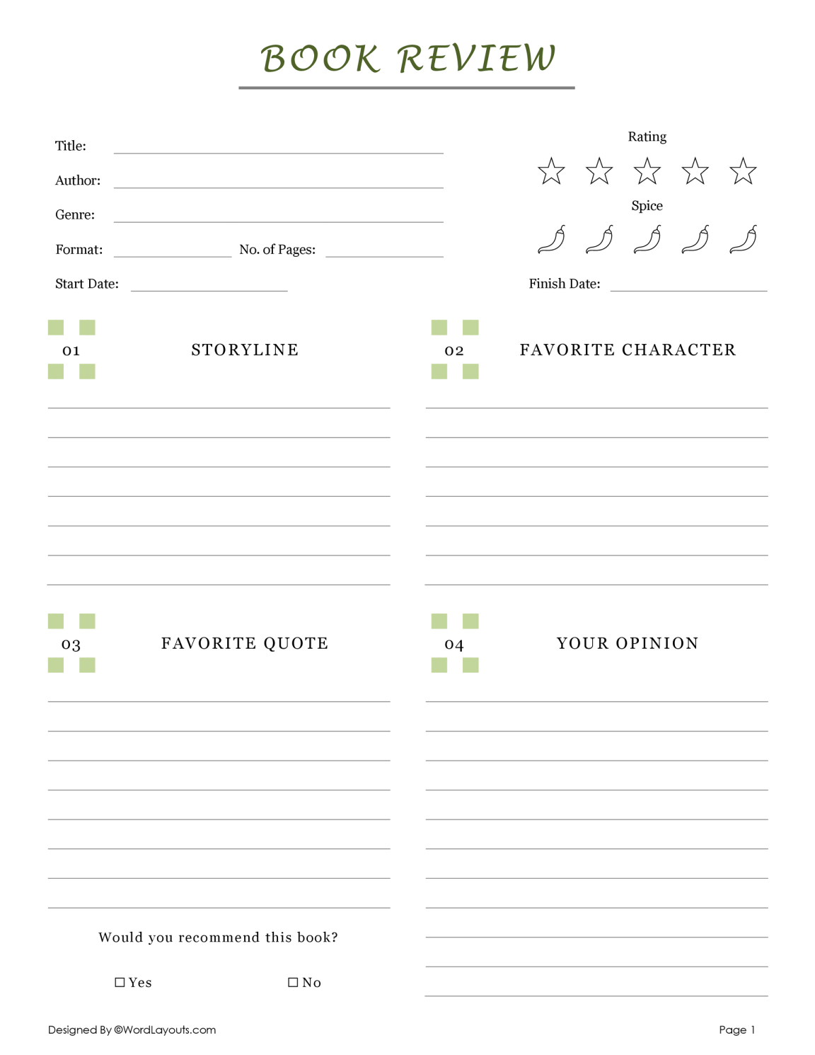 My Book Review: Reading Reflection Sheet - WordLayouts
