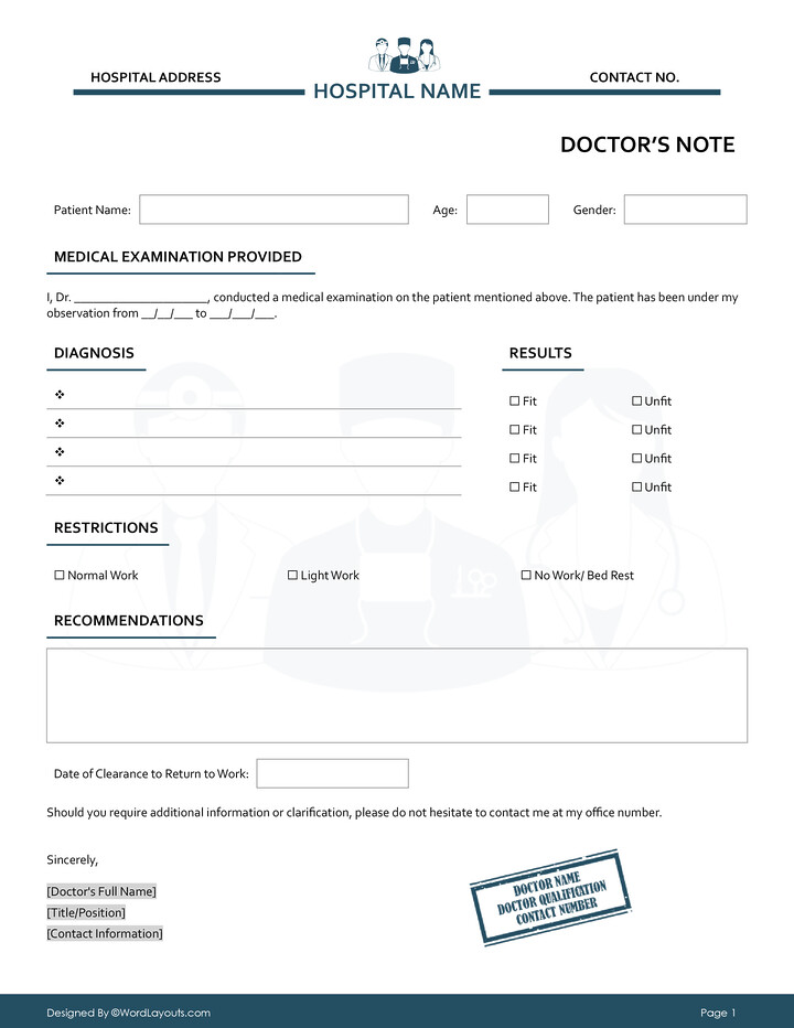 Physician Release to Work Form - WordLayouts