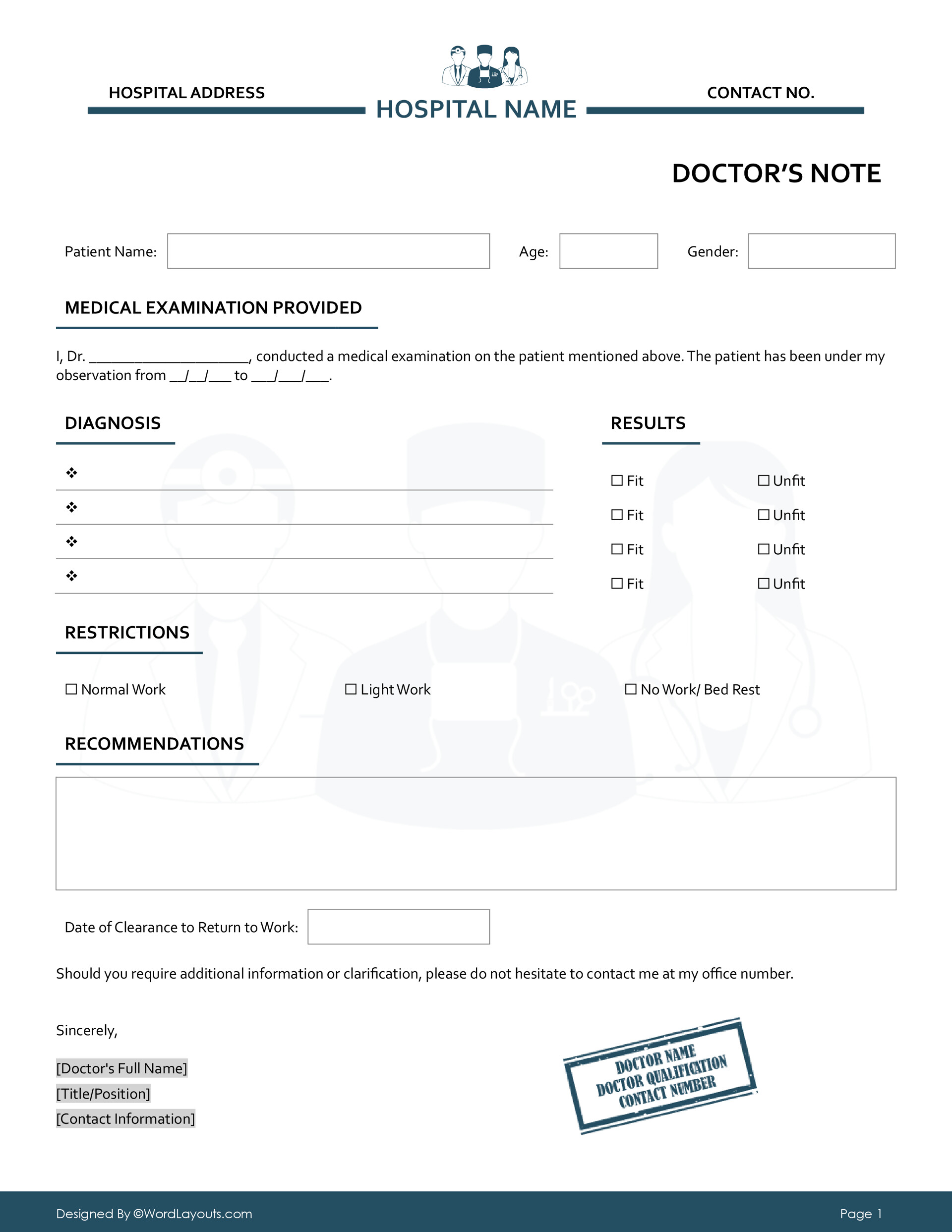 Physician Release to Work Form WordLayouts
