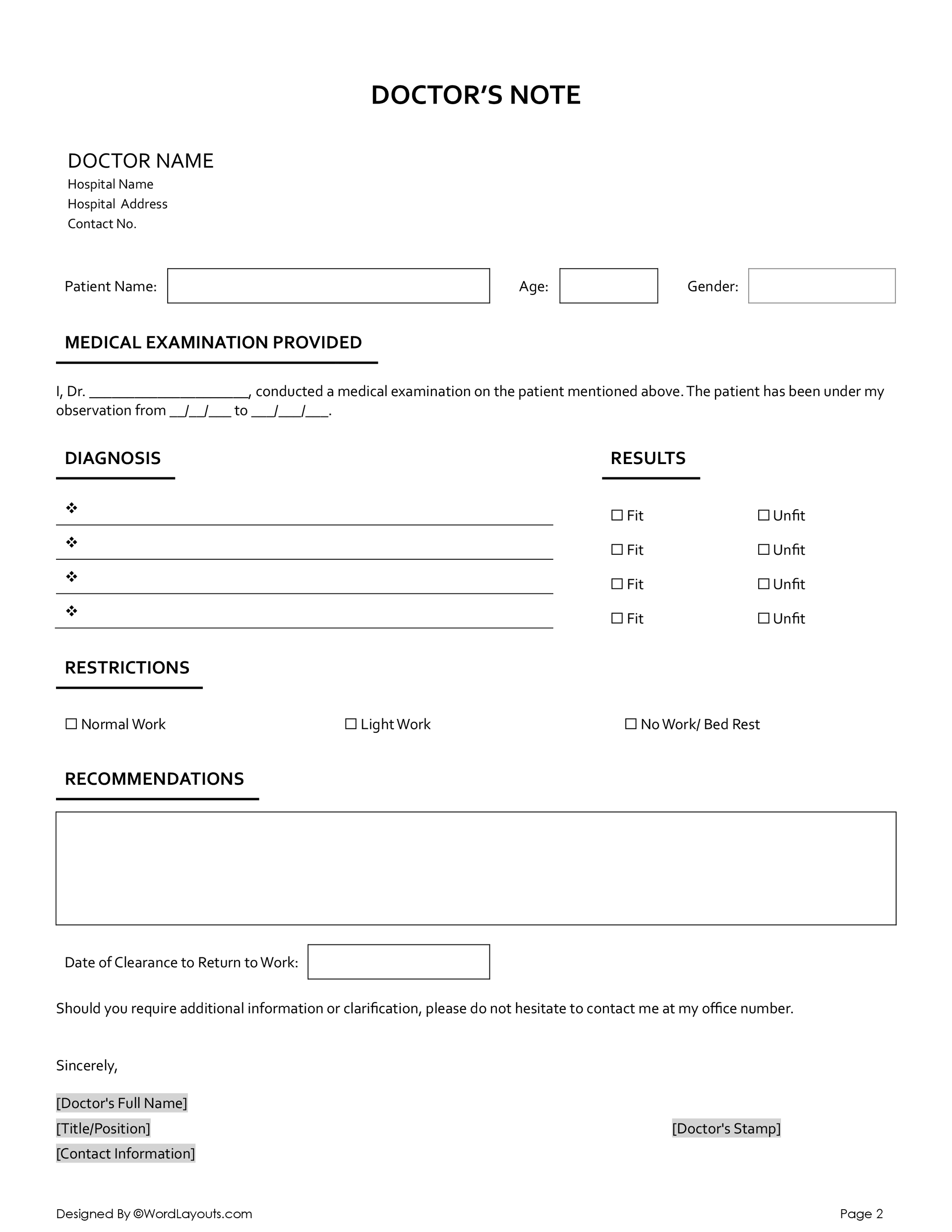 Physician Release to Work Form WordLayouts