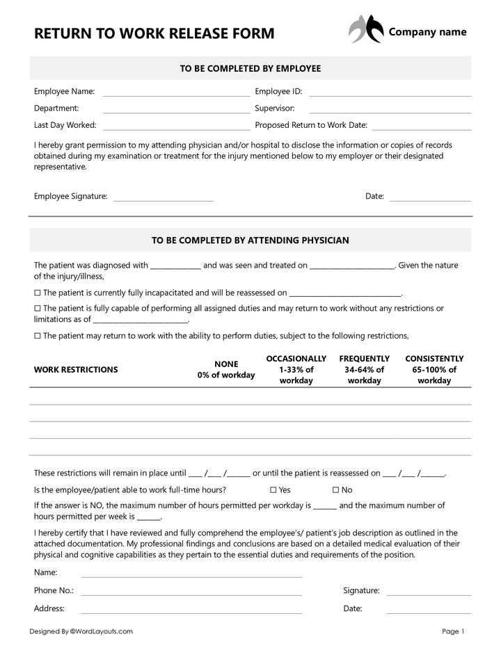 Physician Release to Work Form - WordLayouts