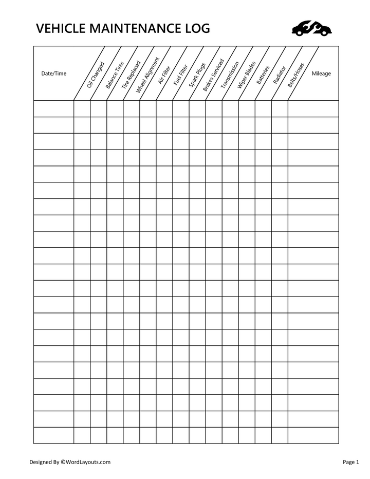 Vehicle Maintenance Log Template (Excel Google Sheets)