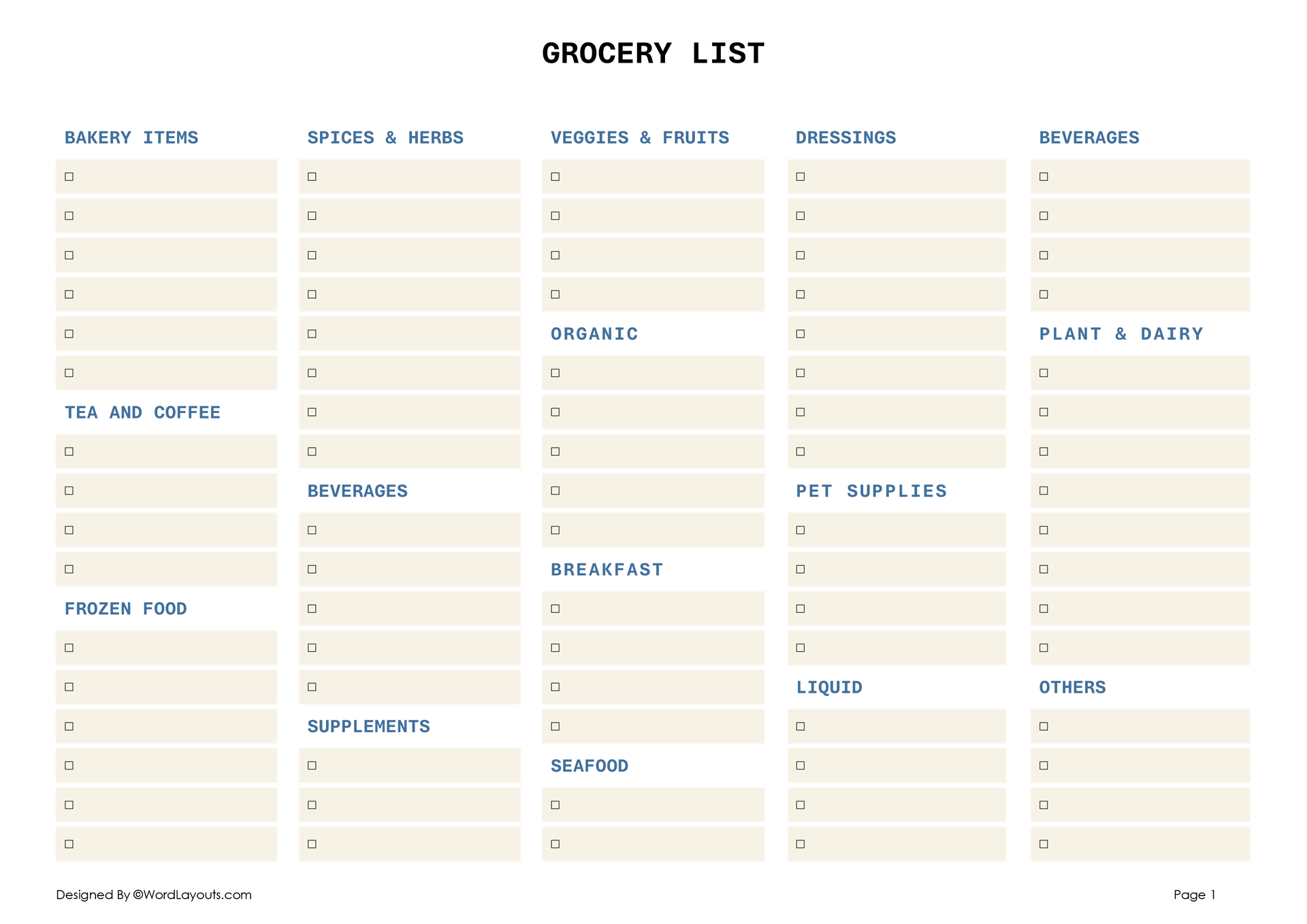 Grocery List with Sections Template - WordLayouts