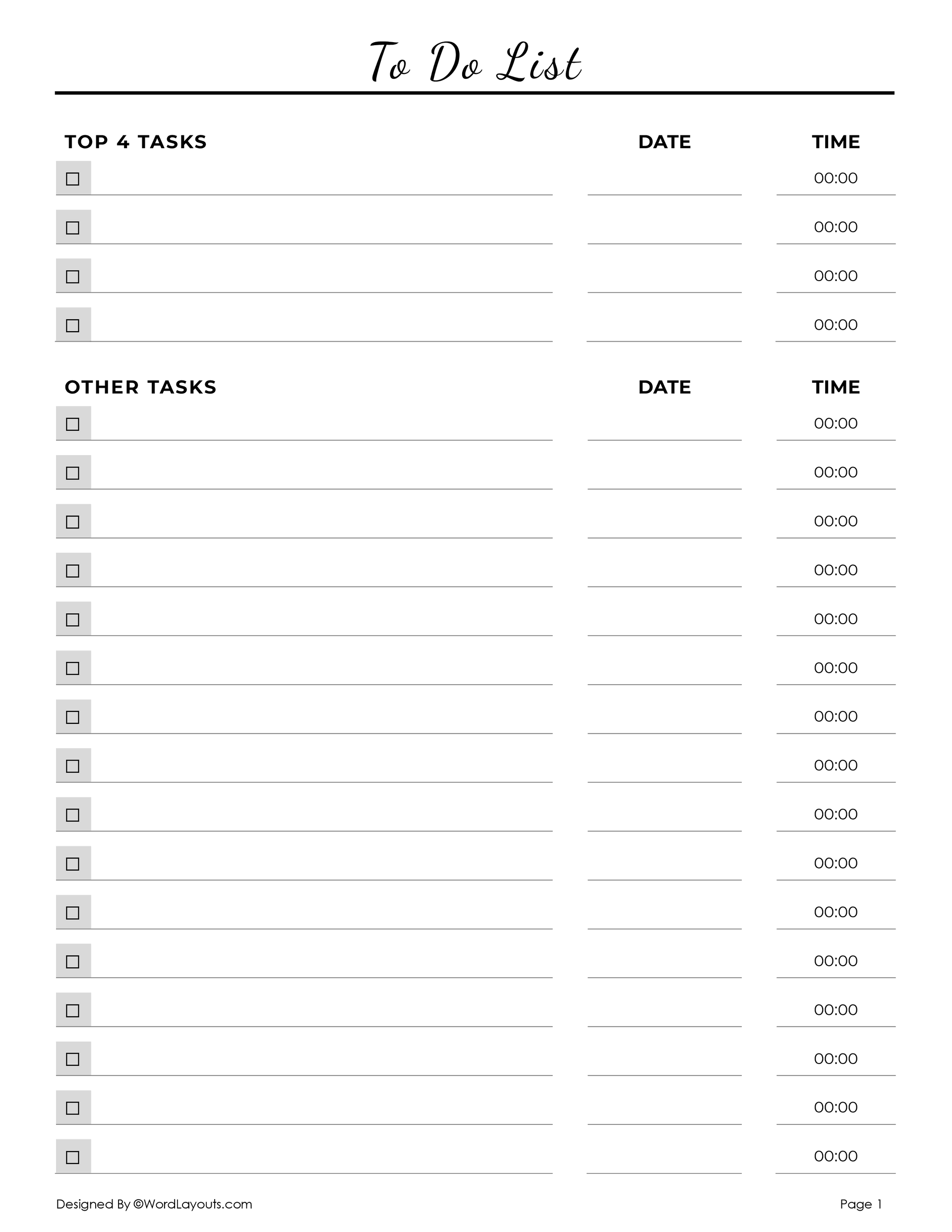Focused Daily Task Sheet Template - WordLayouts